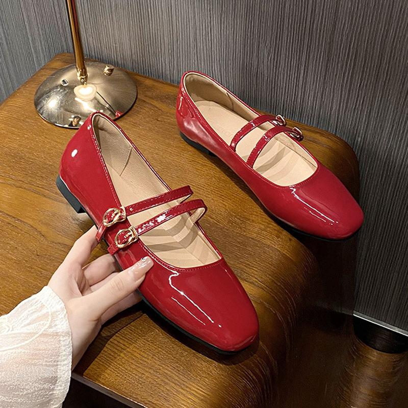 Fashion Double Belt Strap Mary Janes Woman Lolita Ballets Shoes Ladies Japanned Leather Flats Female Round Toe Brides Wedding Ballerinas