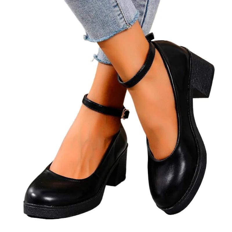 2025 Plus Size Mary Janes Women's High Heels Round Toe Buckle Strap Chunky Heels Shallow Pumps for Retro Office & Career Shoes