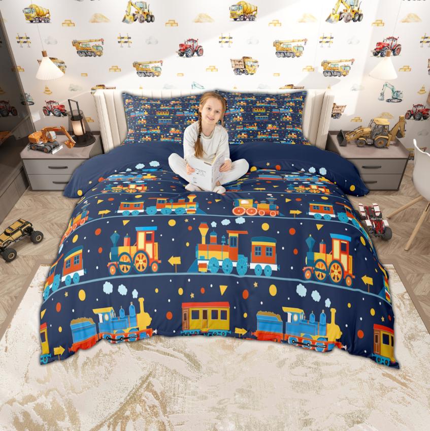 Homewish Zestaw poszewki na kołdrę dla dzieci z kreskówkowym samochodem 2 szt./3 szt., Urocza pościel z motywem pociągu, ciężarówki, traktora, Pościel z motywem transportu