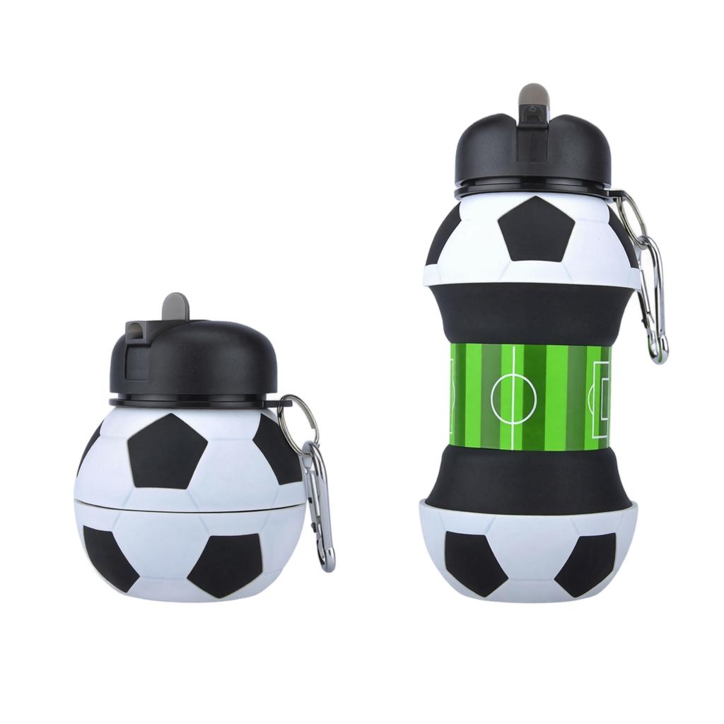Collapsible Silicone Sports Water Bottle Soccer Ball Design Portable Foldable Leak Proof Lightweight Travel Cup with Carabiner for Kids Students