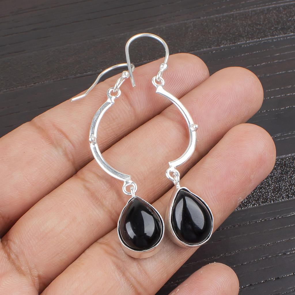Bijoux en Pierre Gemme Cabochon Onyx Noir, Boucles d'Oreilles en Argent Sterling 925, Belles Boucles d'Oreilles en Argent Onyx pour Cadeau de Thanksgiving