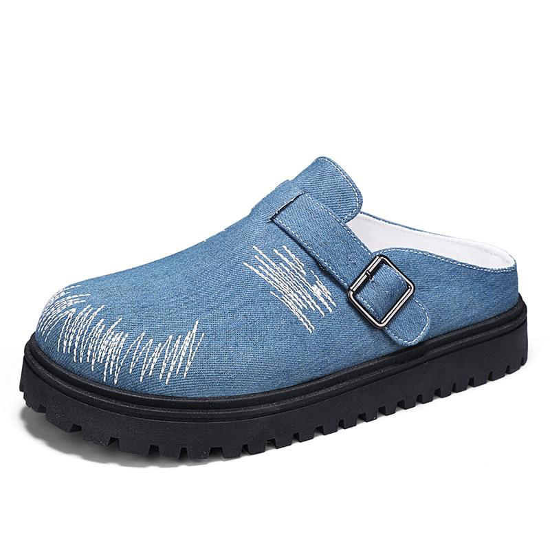 Fashion 2025 New Distress Thick Soled Slippers Round Toe Buckle Belt Slip On Retro Couples Shoes Summer Solid Leisure Concise Shoes