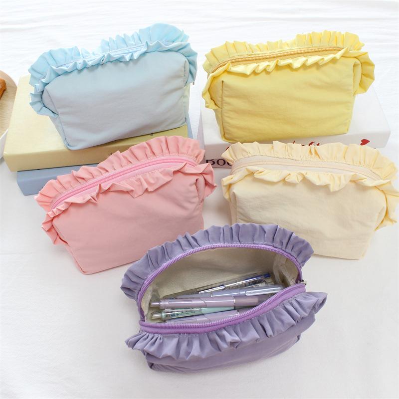 Ruffle Cosmetic Bag Multi-Color Cute Makeup Pouch Zipper Travel Portable Toiletry Organizer Bag For Women Girls