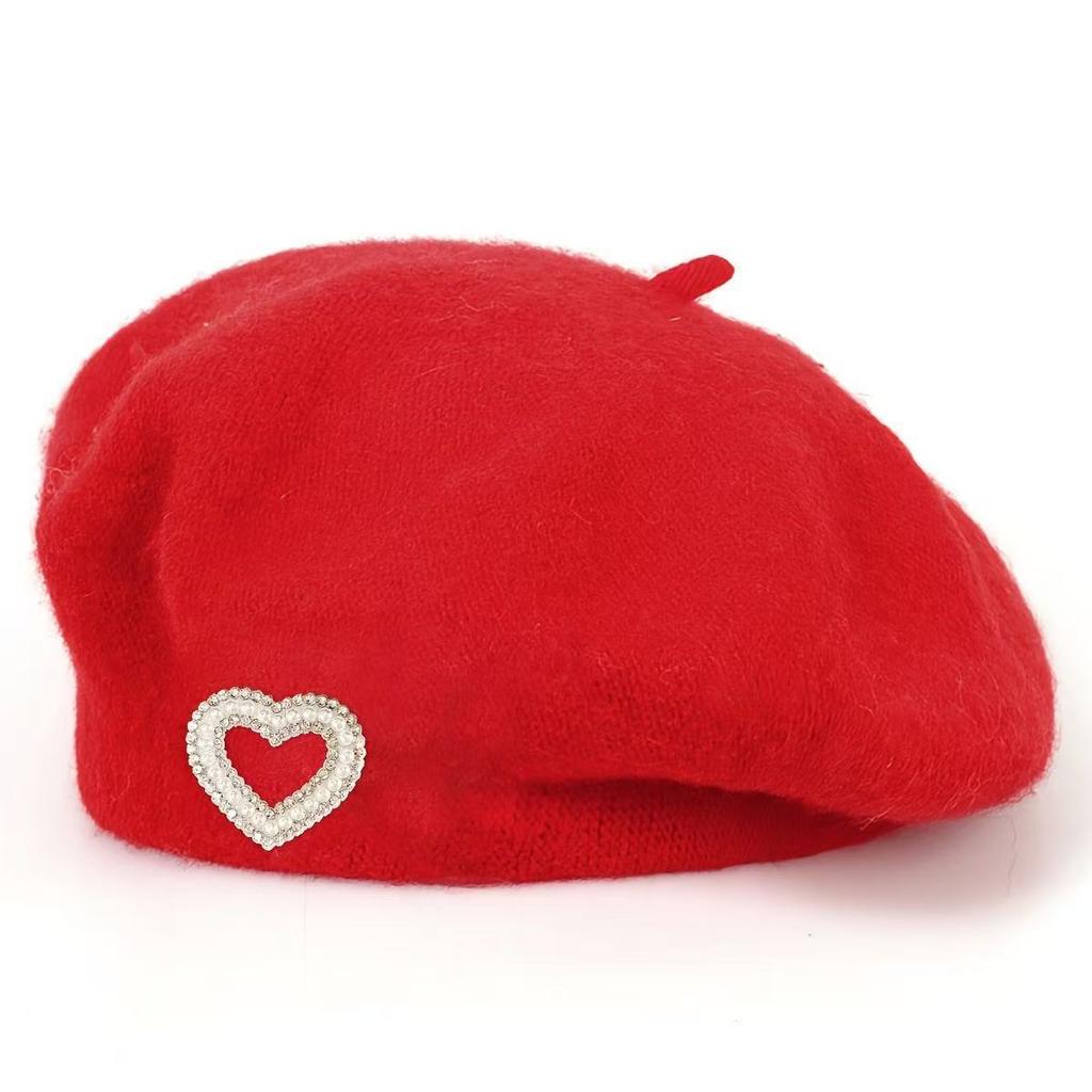 New autumn and winter wool beret women's pearl love rhinestone French face small warm painter hat