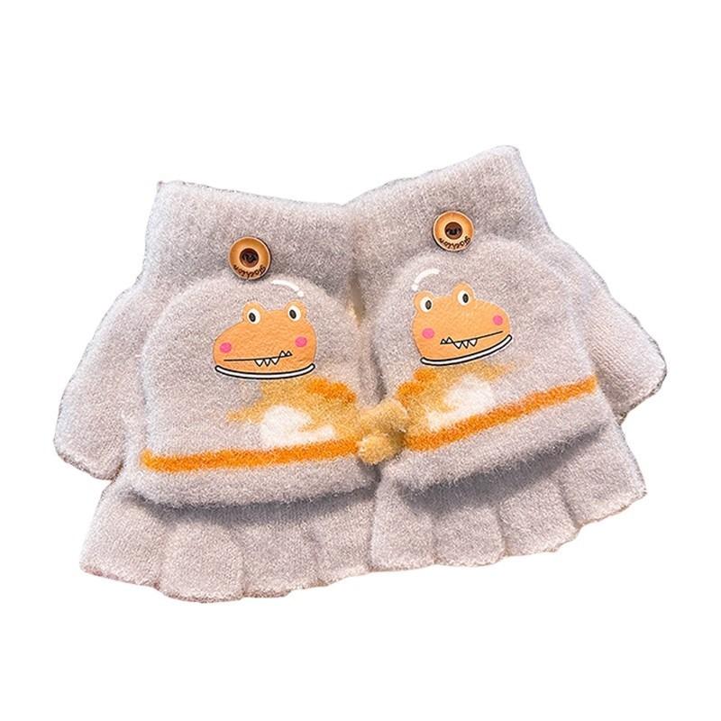 Children's flip gloves cute cartoon dinosaur boy baby children kindergarten winter warm half finger wool