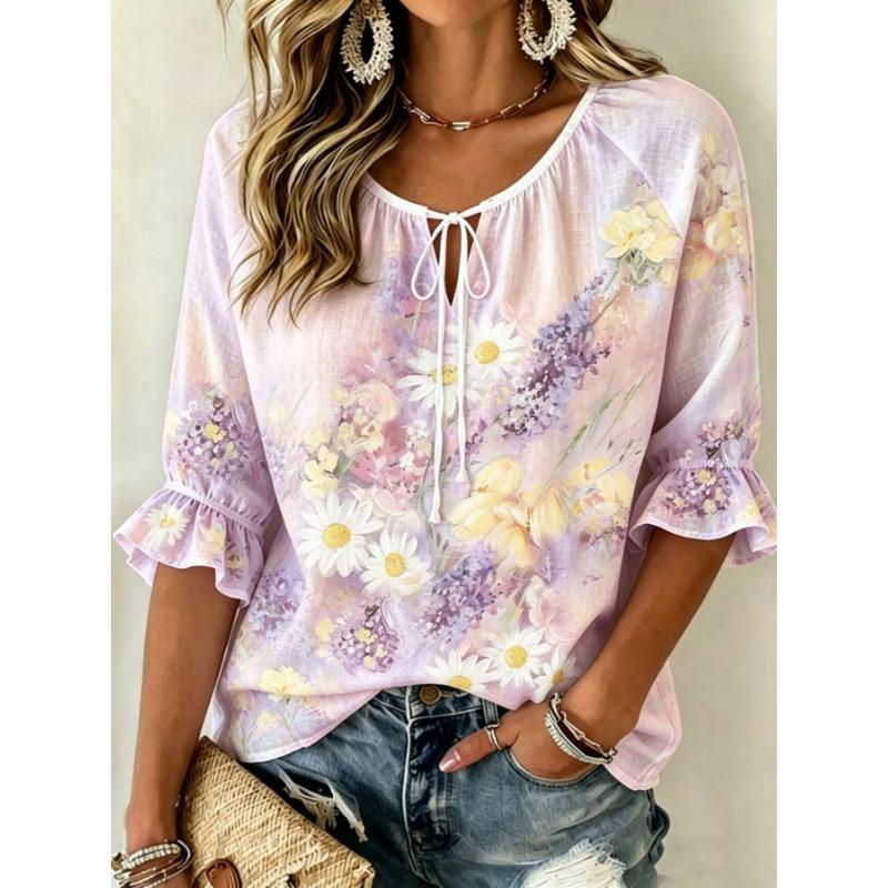 Retro Fashion Half Sleeve Loose Blouse, Textured 3D Print Decoration, Figure-Friendly Comfortable Summer New Style