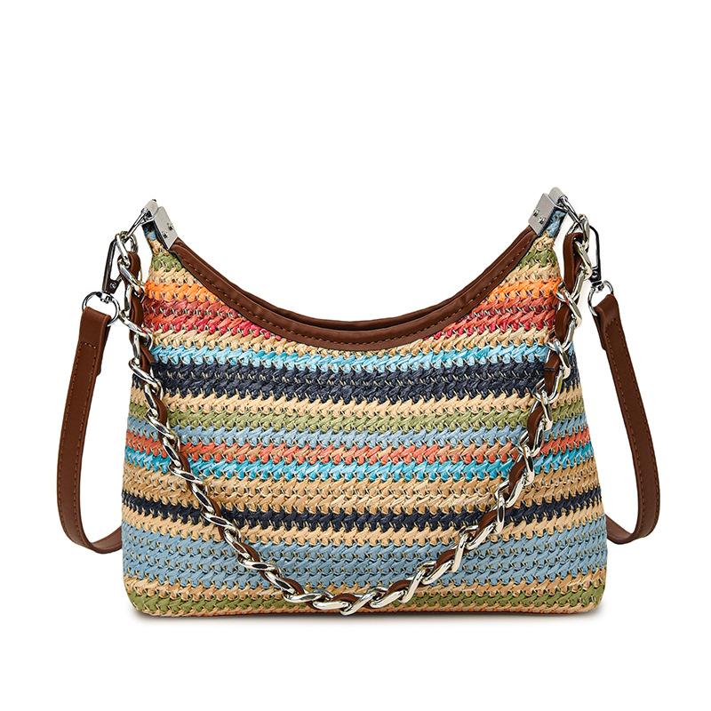 

Сумка дофаминового контрастного цвета женская новая радужная полосатая соломенная сумка для поездок на работу, на плечо, литературная плетеная маленькая квадратная сумка разноцветный