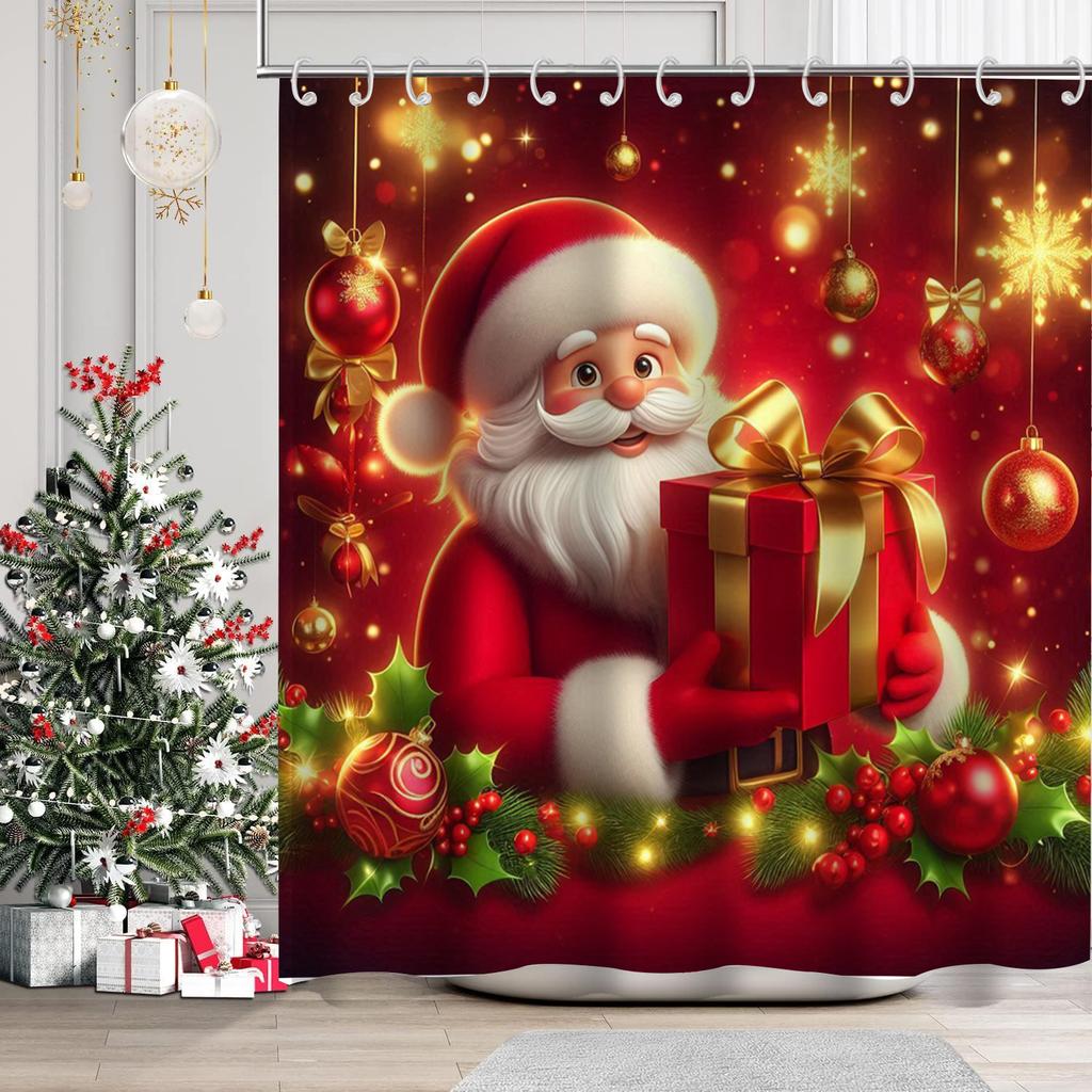 Christmas Festival Decorations Santa Claus Pattern Bathroom Shower Curtain With 12  Hooks Home Bathroom Decor And Accessories