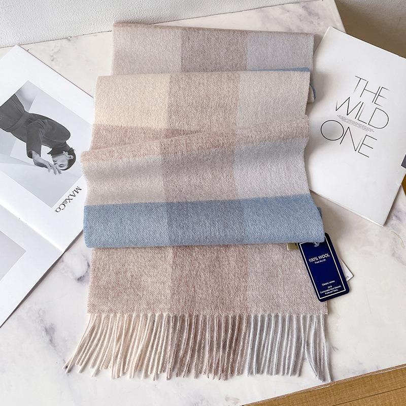 100 Pure Wool Scarves for Men and Women In Winter Versatile Light Blue British Plaid Warm Scarf Shawl Birthday Gift