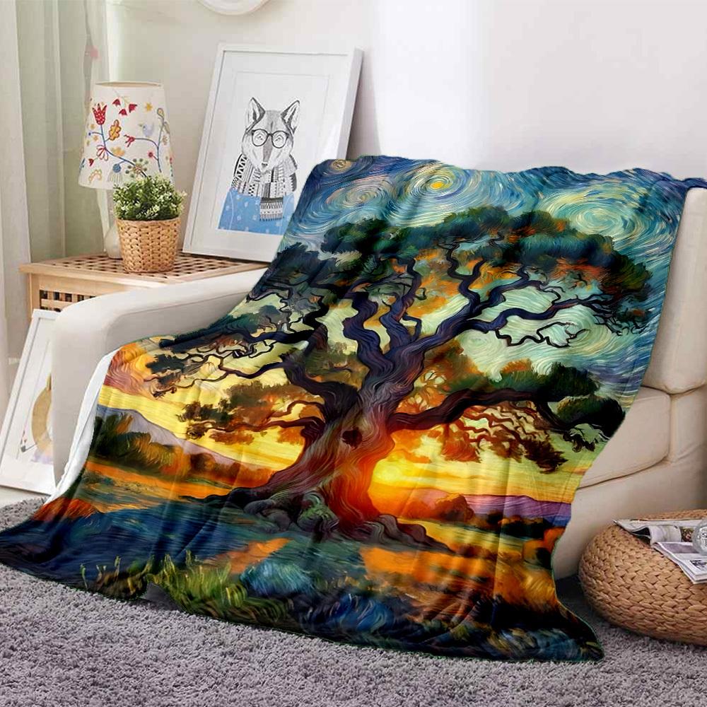 1pc Tree Sunset Pattern Blanket, Lightweight Flannel Throw Blanket for Sofa, Bed, Travel, Camping, Living Room, Office, Couch026
