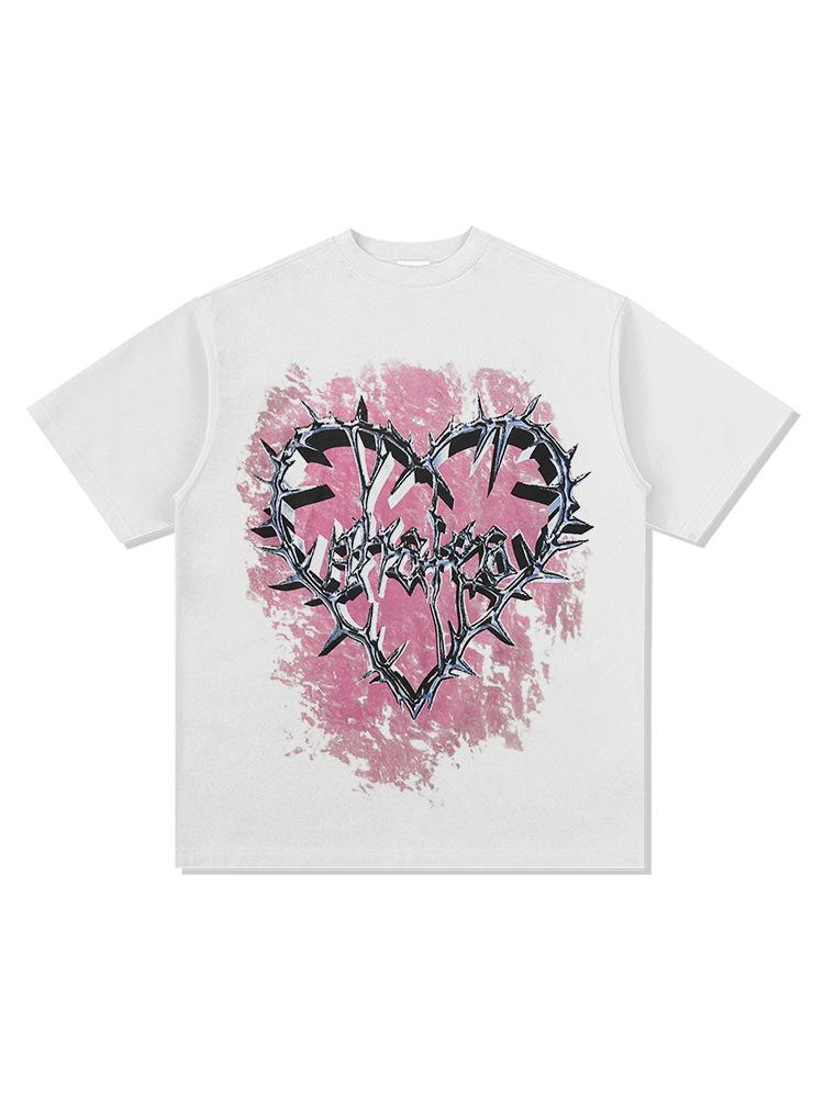 Washed Retro High Street Thorns Small Heavy Vintage Printed Short-Sleeved T-Shirt Retro Neckline Love Bottoming Shirt Cotton
