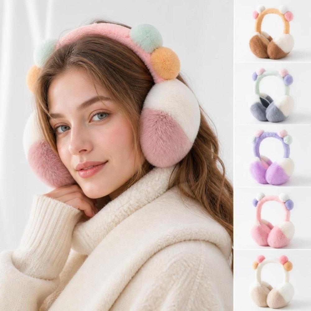 Fluffy Plush Ear Warmers Two Tone Foldable Ear Muffs Fashion Pom Pom Earmuffs  Winter Outdoor