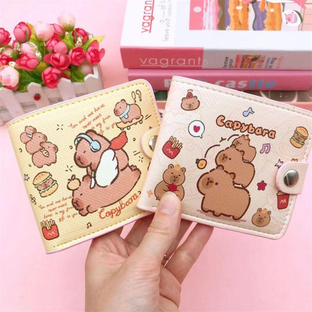 New Capybara Coin Purse with Buttons Cartoon Card Holder PU Leather Short Wallet Women Girls
