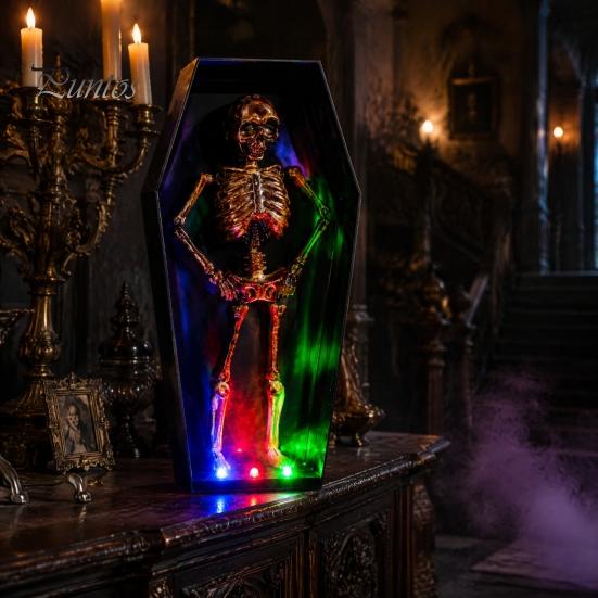 Colorful LED Halloween Light Dancing Skeleton in Casket, Up Musical Toy with Lights, Spooky Animated Decor, Party Haunted House Props Retro Ornament
