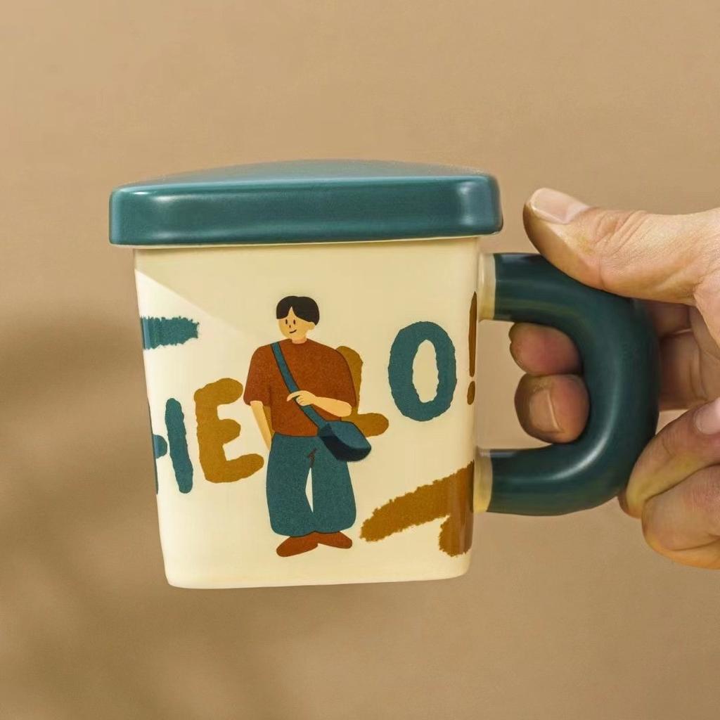 Cream Glue Square Couple Cup Ceramic Pair Mug with Lid Gift Cute Retro Boy and Girl