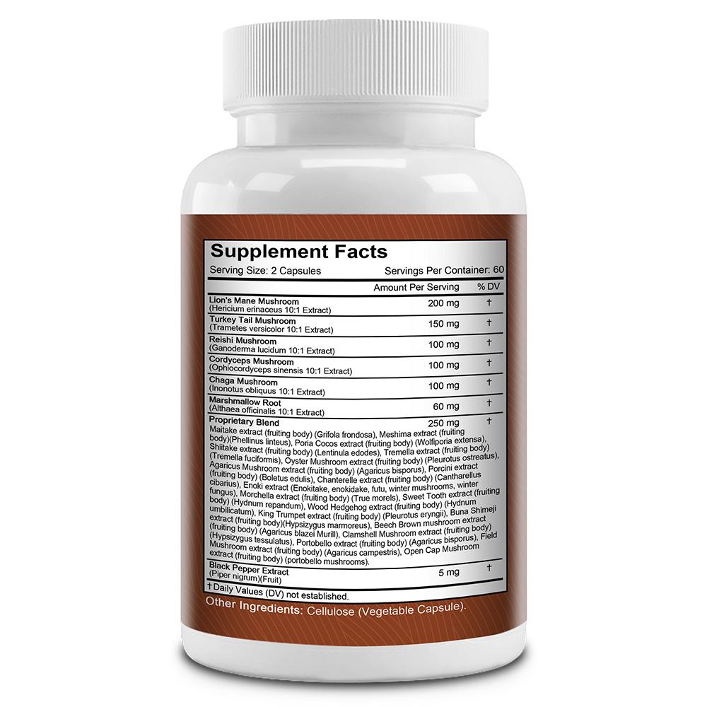 Herbal Extracts Supplement, With Lions Mane, Chaga, 120 Capsules Per Bottle