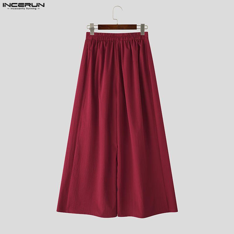 INCERUN Men Casual Elastic High Waist Long Wide Legs Pants Culottes Trousers