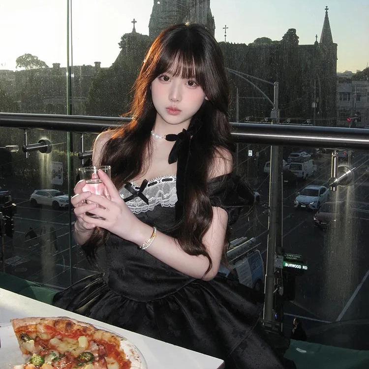 Elegant Black Bow Puff Sleeve Dress for Women - French Style Birthday Outfit