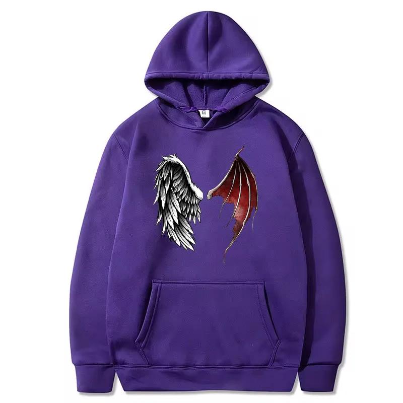 Demon And Angel Wings Print Hoodie Winter Fleece Long Sleeves Sport Jogging Pullover Sweatshirt Clothes