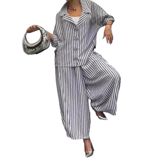 Completo casual da donna, camicia a maniche lunghe, pantaloni harem a gamba larga, set da 2 pezzi, pantaloni a nove punte a righe con risvolto autunnale, completo da donna