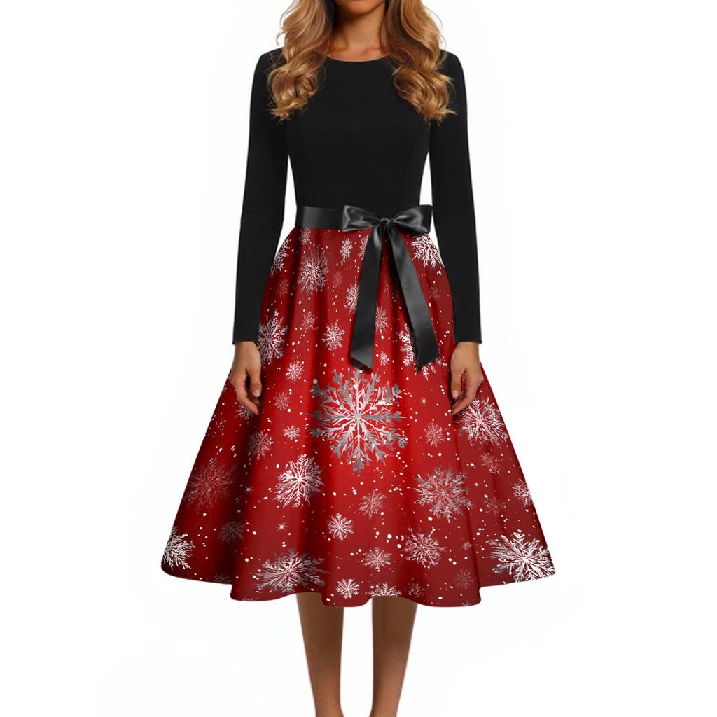 Women's Vintage V-Neck Christmas Print Casual Dress for Holiday Party