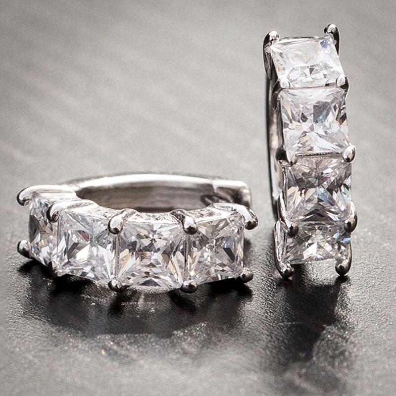 Silver Tone Princess Cut Channel Set Huggie Hoop Earrings for Women Sparkly Stacked Stone Elegant Daily Jewelry