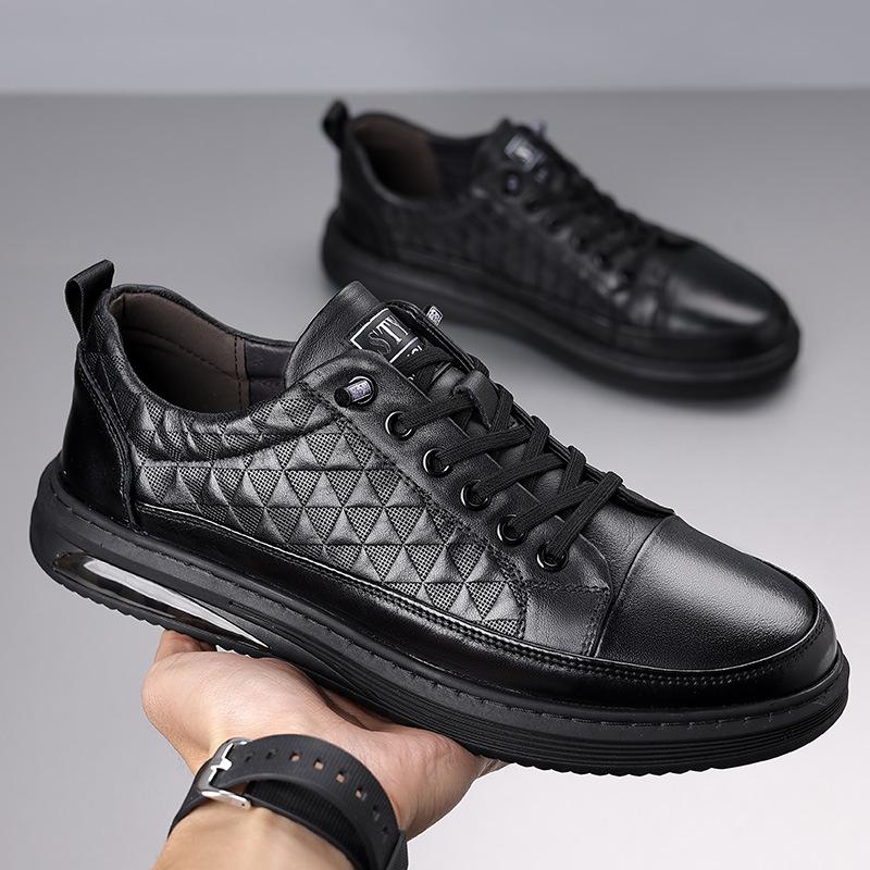 Autumn new first-layer cowhide casual men's shoes black flat shoes breathable lace-up-free versatile board shoes men's trendy shoes