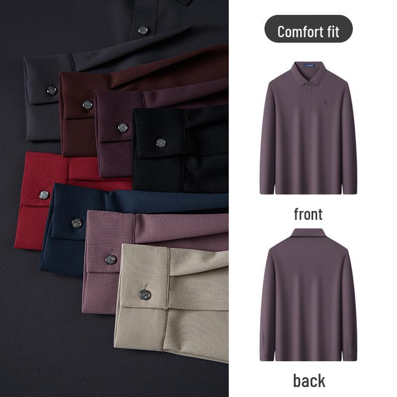 MONTAGUT Men's Waffle Knit Four-Way Stretch Long-Sleeve Polo Shirt