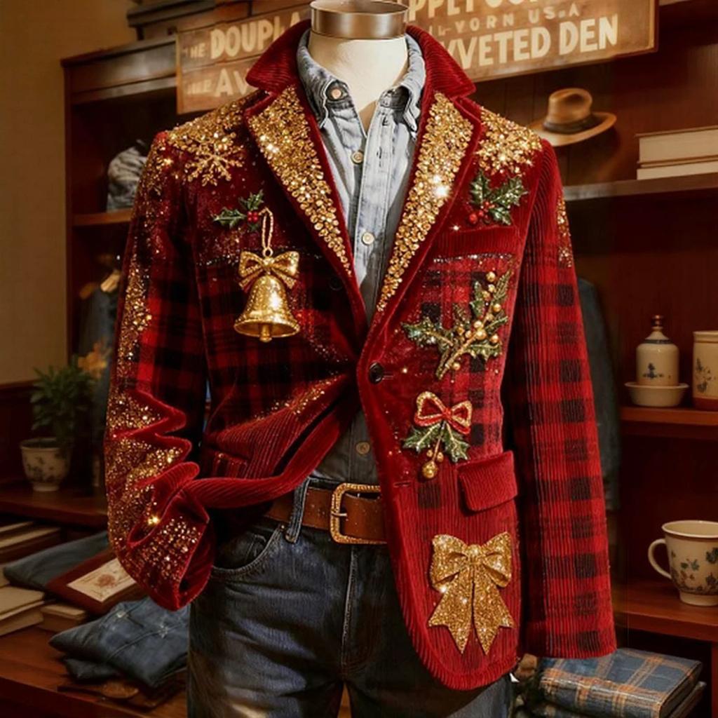 Men's Printed Corduroy Warm Pocket Suit Jacket Cardigan Men's Casual Suit