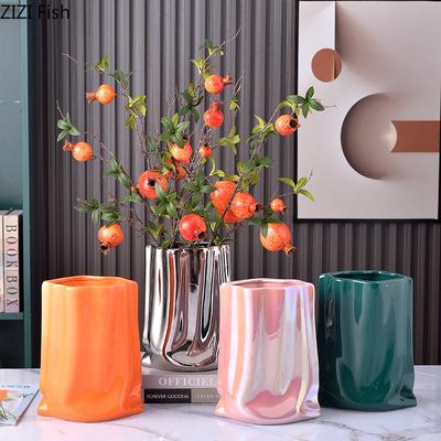 Pleated Texture Ceramic Vase Gold Plated Potted Plants Desk Decoration Flowers Pots Decorative Flower Arrangement Floral Vases