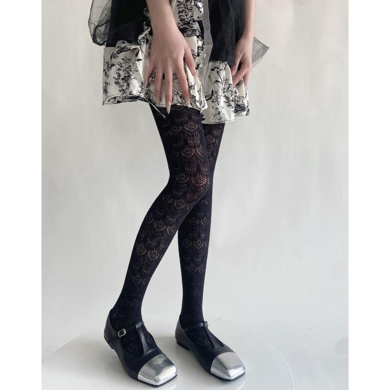Women Elegant Hollowed Out Lace Solid Pantyhose Stockings Japanese Style Vintage Flower Jacquard Mesh Tights Leggings