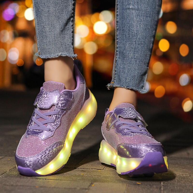 Girs LED Luminous Runaway Shoes Four-wheel Skates Men's and Children's Pulley Shoes LED Light Shoes