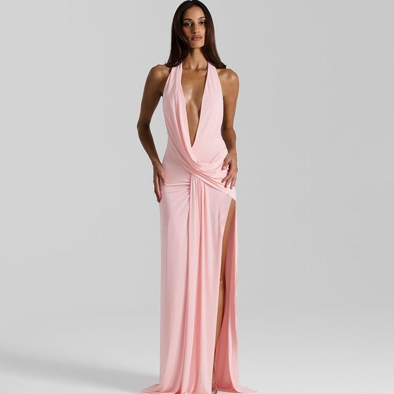 Europe and the United States 2026 New Product Temperament Deep V-neck Fashion Neck Shrink Pleated Sleeveless Backless Irregular Dress Wholesale