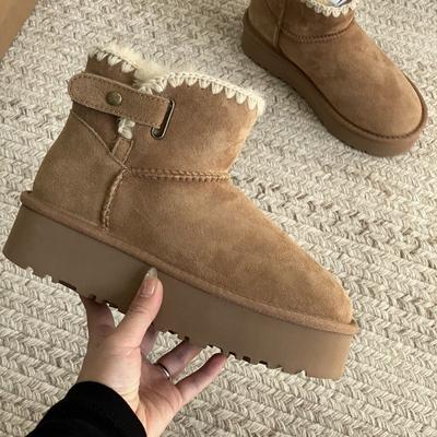 Snow Boots Thick-soled Winter New Sheepskin and Fur Integrated Wool Mouth Short Tube Piled and Thickened Warm Women's Cotton Shoes