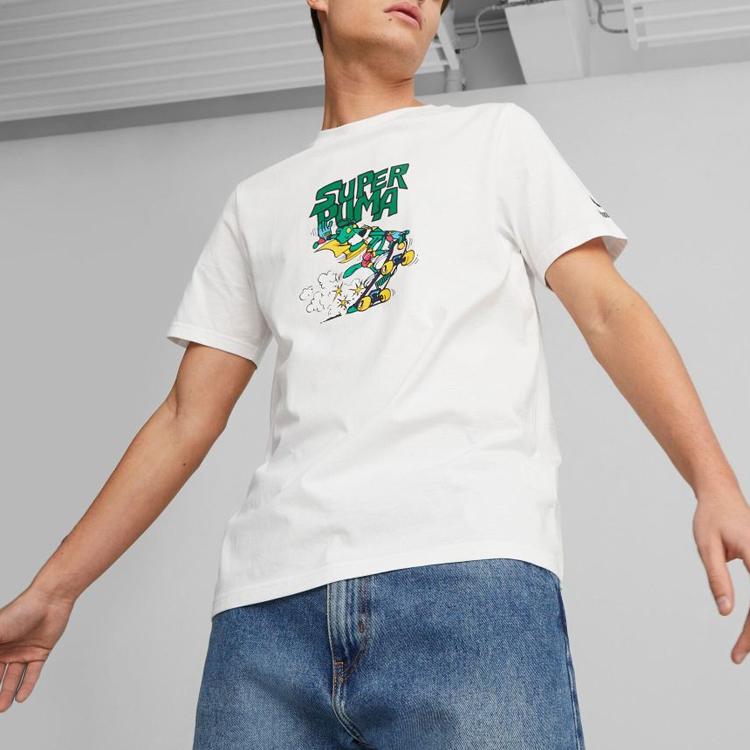 Puma Letter American Retro Cartoon Print Crew Neck Casual Pullover Short Sleeve T-Shirt Men Tops White 621992-02