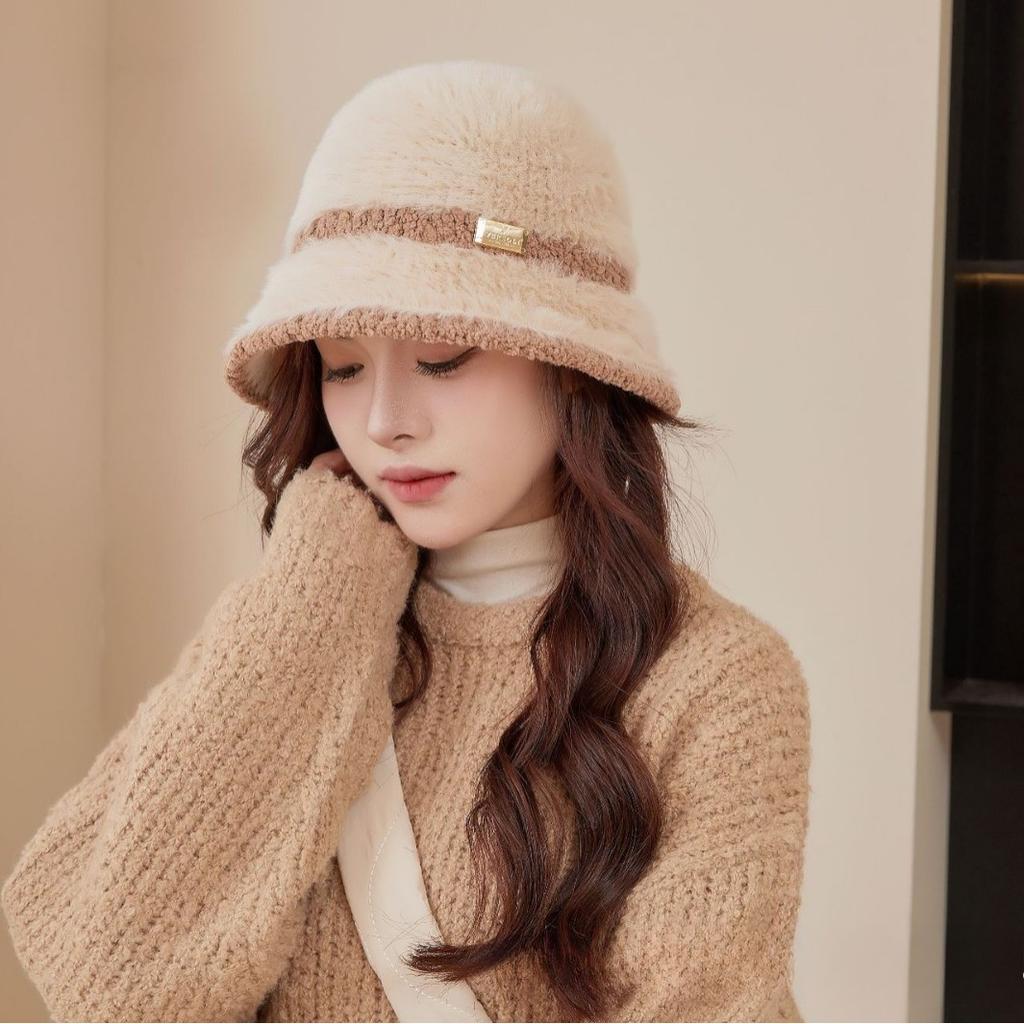New Plush Fisherman Hat for Women's Fashionable Basin Hat Korean Style Fashionable Temperament Versatile Face Showing Small Warm Bucket Hat