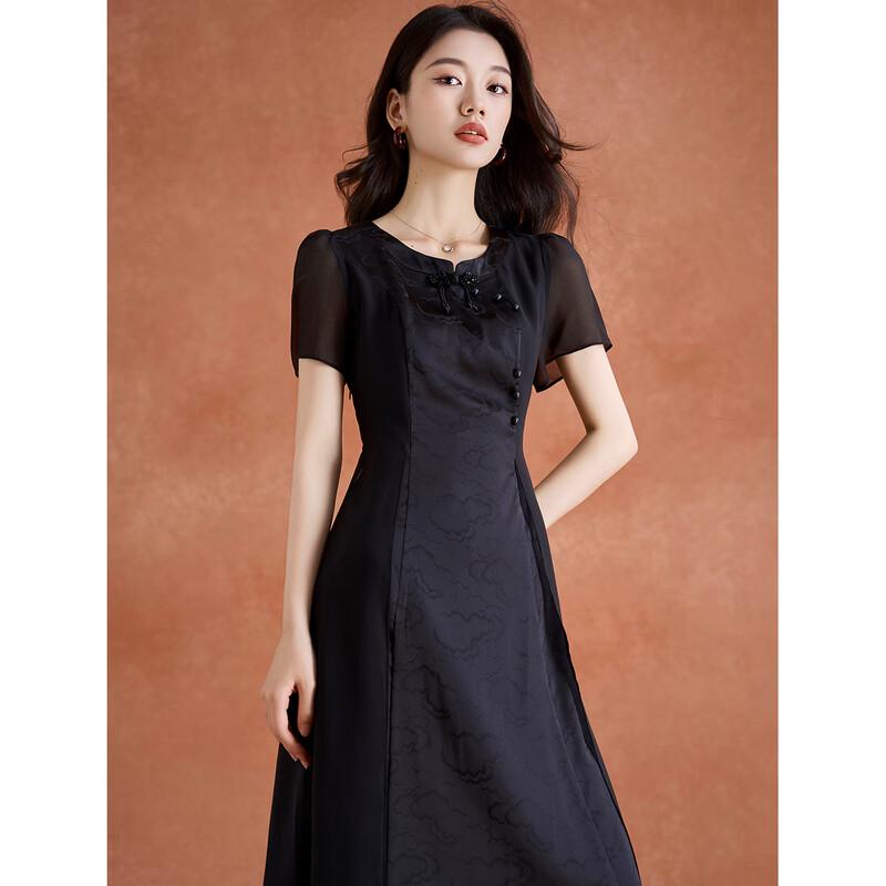 New Chinese Style Qipao Knot Button Lace Stitch Black Dress