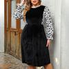 BITCED Autumn and Winter Plus Size Women's Stand-up Collar Floral Splicing Flared Sleeve False Two-piece Velvet Dress