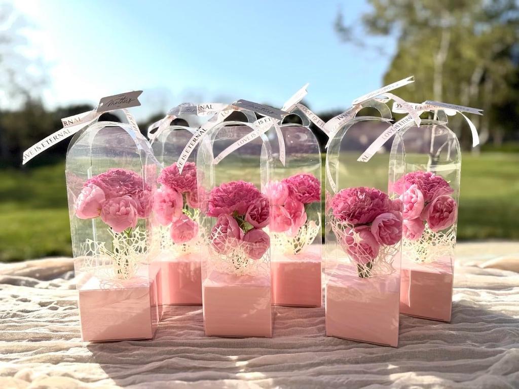 Artificial Carnation Floral Gift Box - Delicate Flower Arrangement In The Clear Plastic Box with Ribbon Decoration