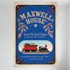 Vintage Maxwell House Coffee Metal Tin Sign, Gradient Blue Background, Rustic Aged Look, Retro Train Illustration, Home Decor Fo