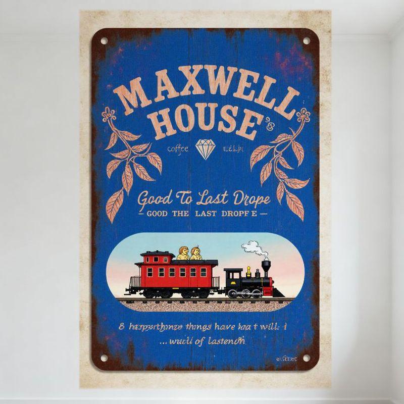 

Vintage Maxwell House Coffee Metal Tin Sign, Gradient Blue Background, Rustic Aged Look, Retro Train Illustration, Home Decor fo 20x30cm（7.8x11.8inch）