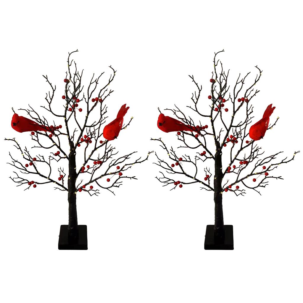 2Pcs Lighted Mini Birch Tree Red Bird Tree Light LED Cardinal Little Red Bird Table Decoration for Holiday Home Xmas Decor