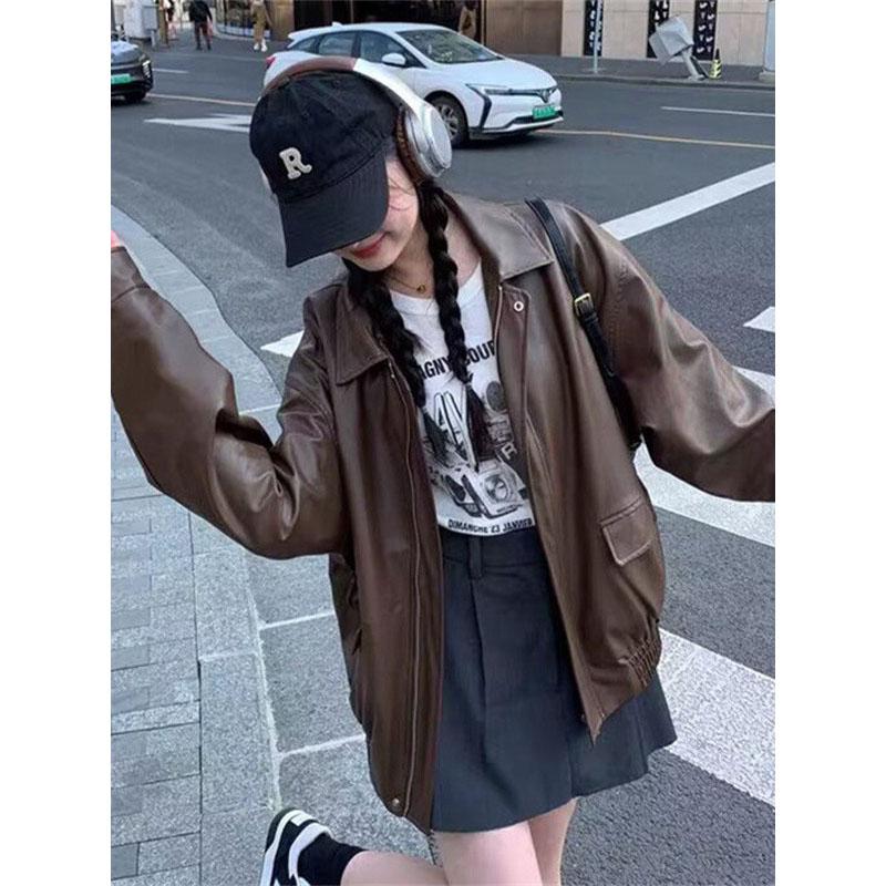 American Retro PU Leather Coat Women Spring Autumn High Fashion Lapel Motorcycle Women Tops Jacket Coat Plus Size
