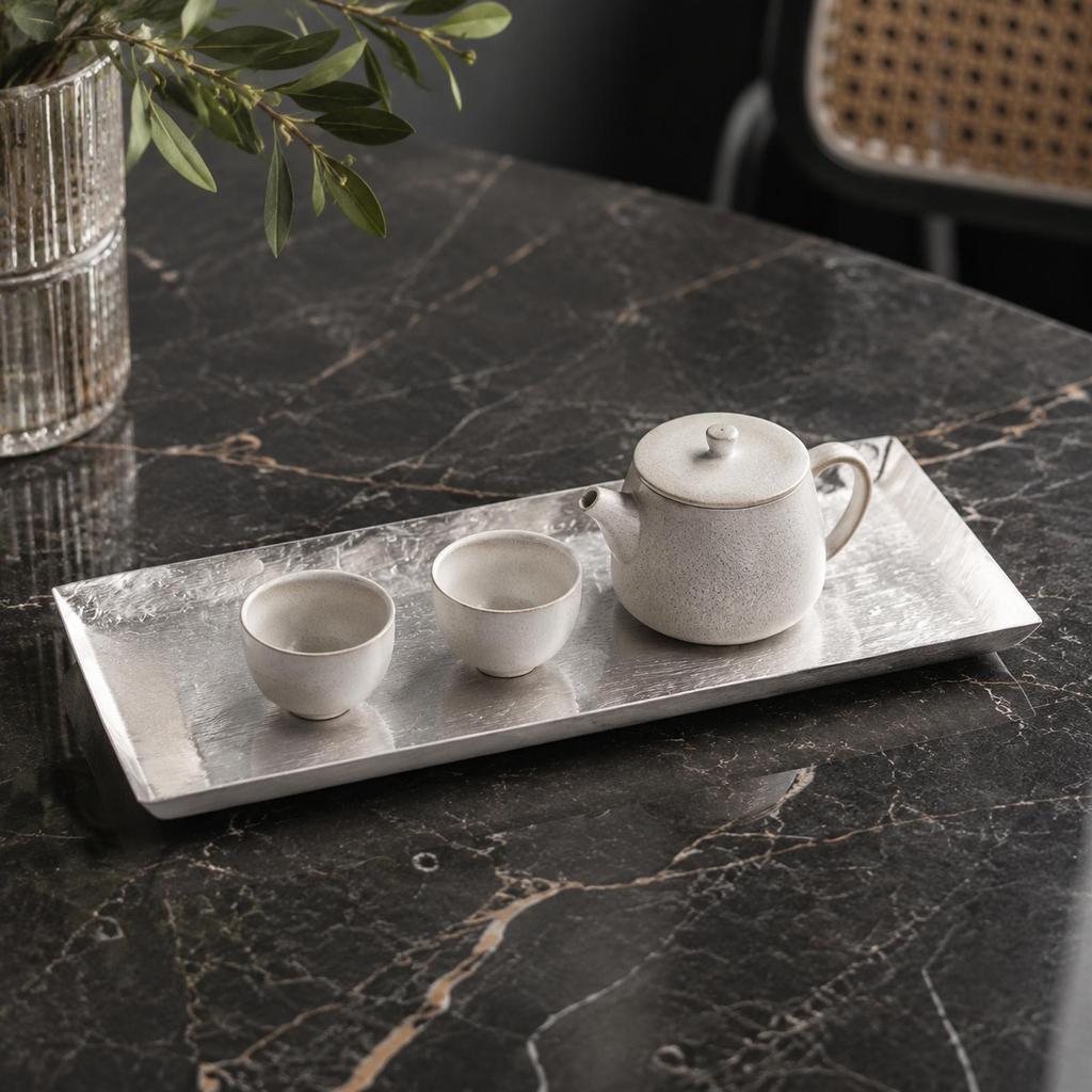 Hammered Rectangular Tray Low-Height Metal Silver-Tone for Dresser