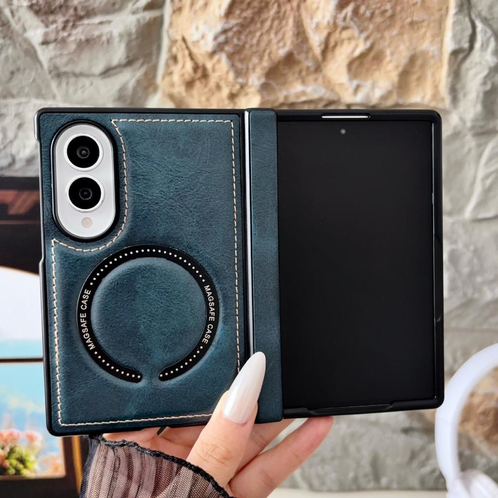 Crazy Horse Pattern Leather Magnetic Case for iPhone Duo 18 Fold Wide Samsung Z Flod 8Utral 7 6 5 Shockproof for Magsafe Central Axis Protection