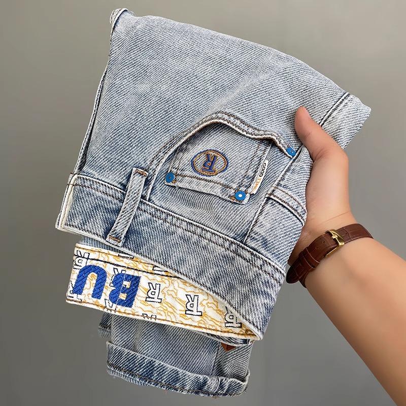 

Джинсы класса люкс, мужские, новые, осенне-зимние, с принтом и вышивкой, узкие прямые, повседневные брюки, хлопковые эластичные, зауженные брюки для мужчин 36 синий