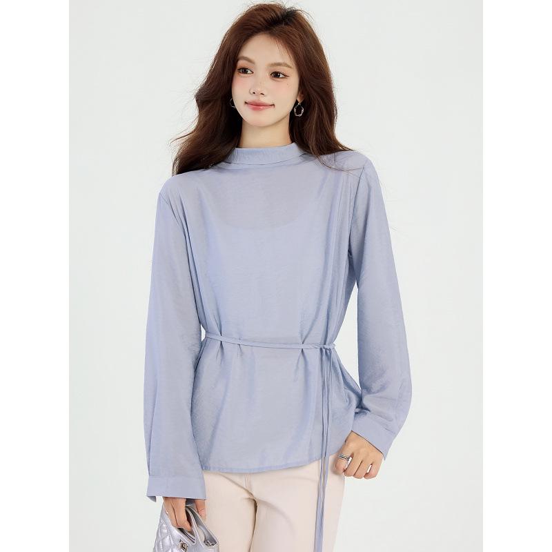 Women s French Lace-Up Waist-Cinched Stand Collar Long-Sleeve Shirt - 2026 Spring Design S синий