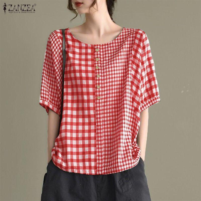 ZANZEA Women Casual Plaid Print Loose Half Sleeve Blouse