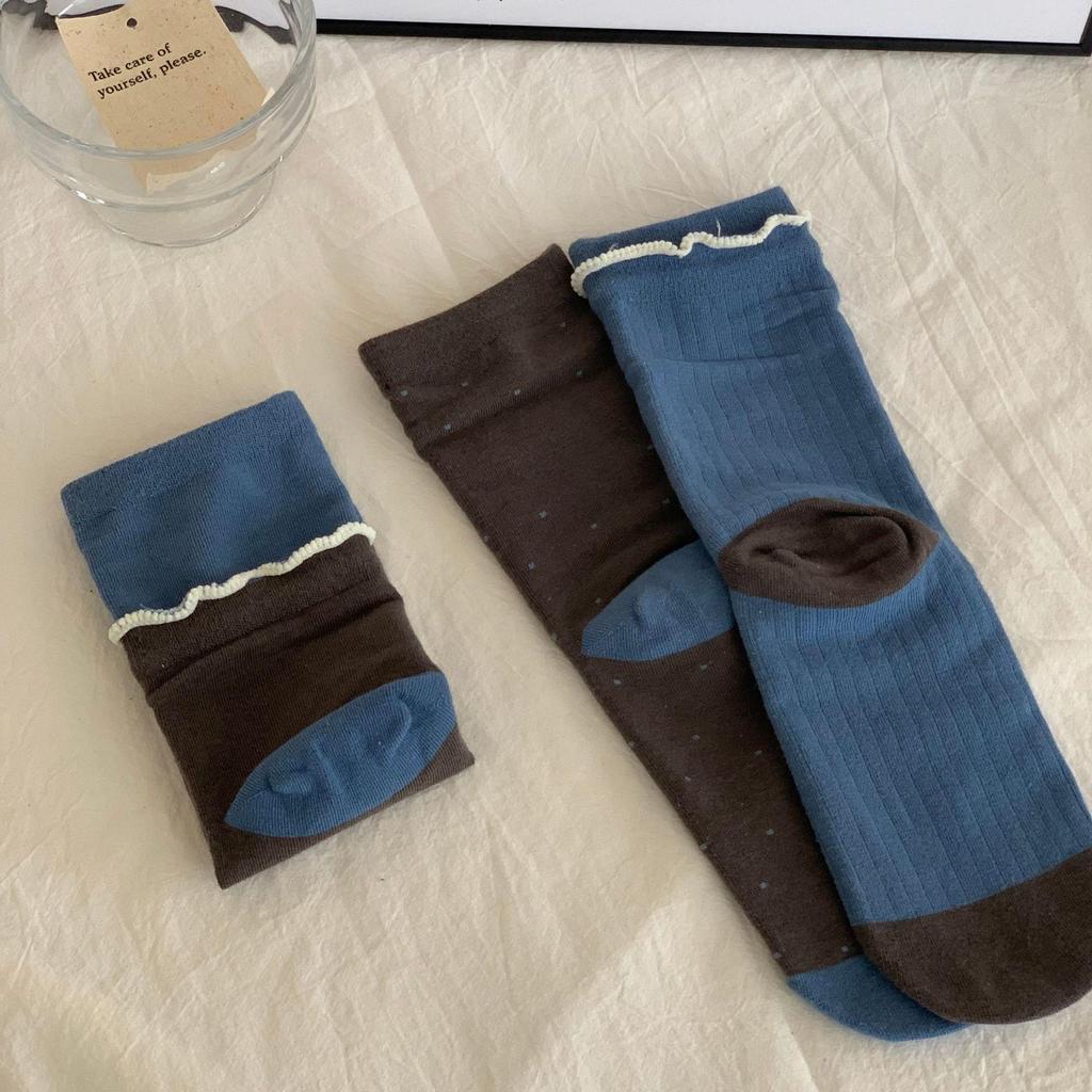 Rich Autumn Wind Japanese Retro Mid-Calf Bow Stripe Ruffle Cotton Canelé Socks for Women
