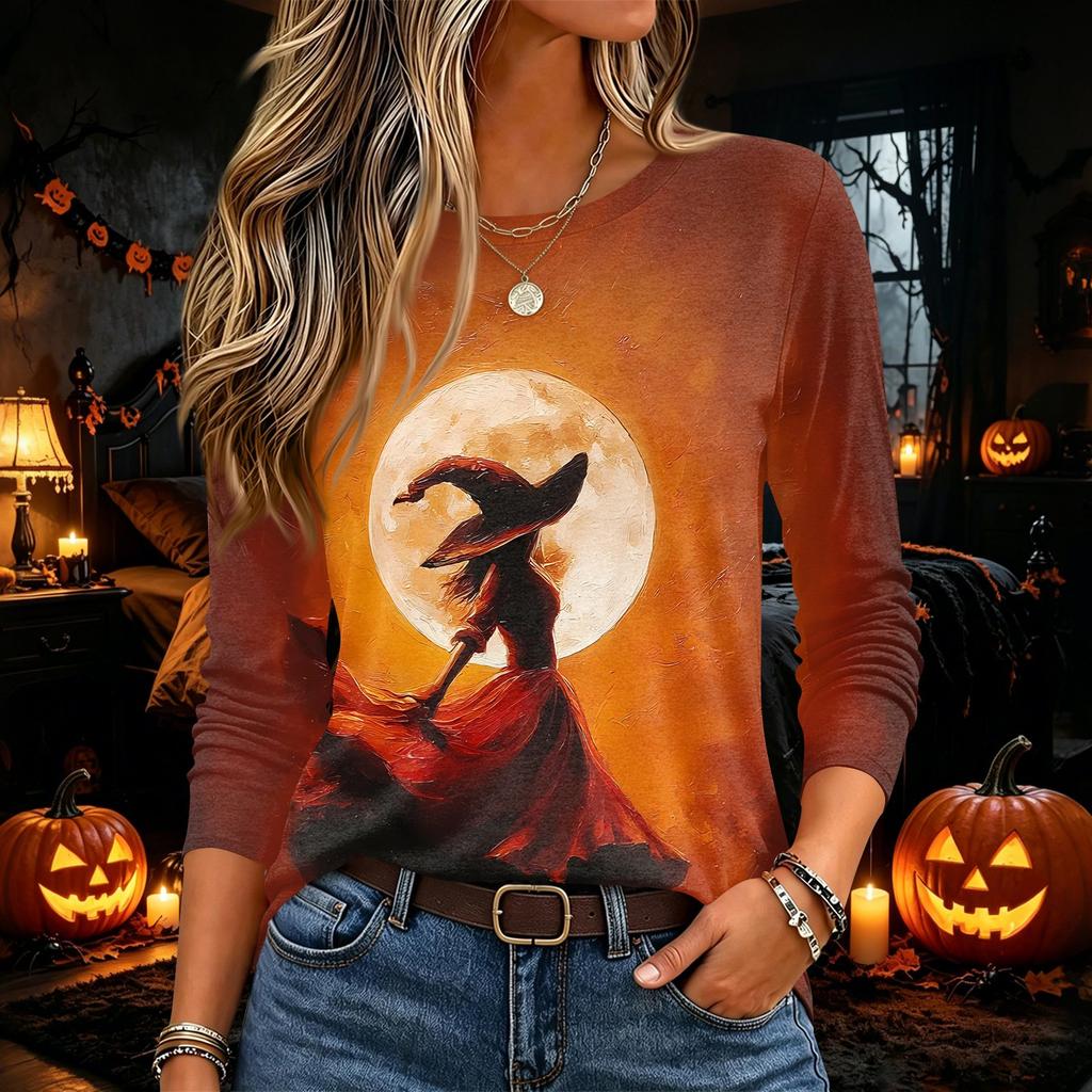 Women's Halloween Print Long Sleeve Neck Pullover Top
